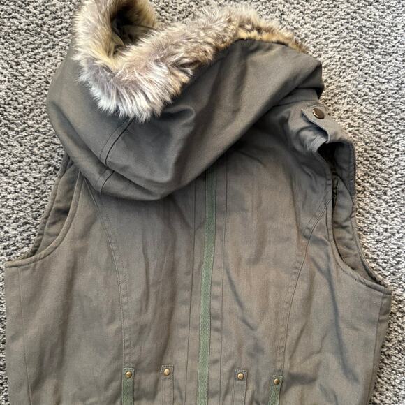 Urban Behavior Olive Green Utility Vest Faux Fur Hood Size S - Picture 4 of 6